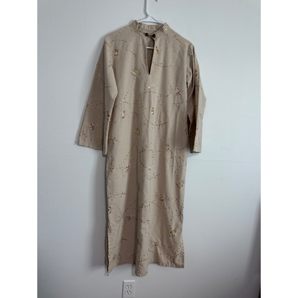Beige Minimalist Embroidered Linen Midi Dress with Sequin Detail